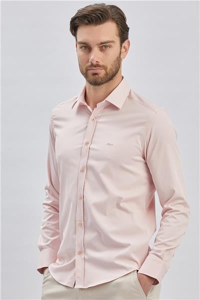 Pembe Uzun Kollu Cepsiz Pamuklu Likralı Klasik Slim Fit Gömlek 1004240234