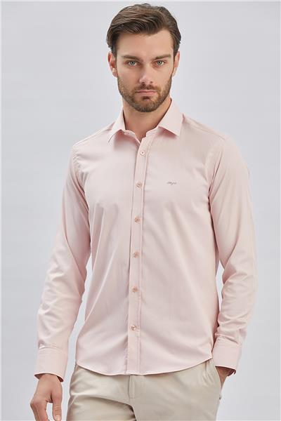 Pembe Uzun Kollu Cepsiz Pamuklu Likralı Klasik Slim Fit Gömlek 1004240234
