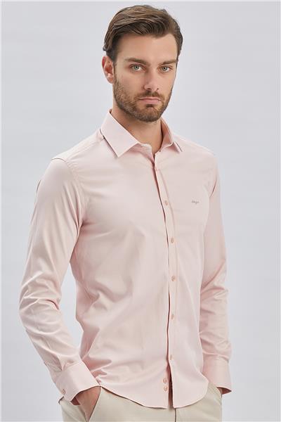 Pembe Uzun Kollu Cepsiz Pamuklu Likralı Klasik Slim Fit Gömlek 1004240234