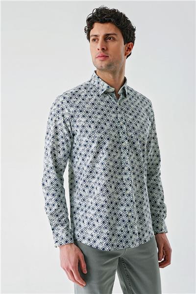 Su Yeşili Uzun Kollu Baskılı Garnili Pamuklu Casual Slim Fit Dar Kesim Gömlek 1004240211