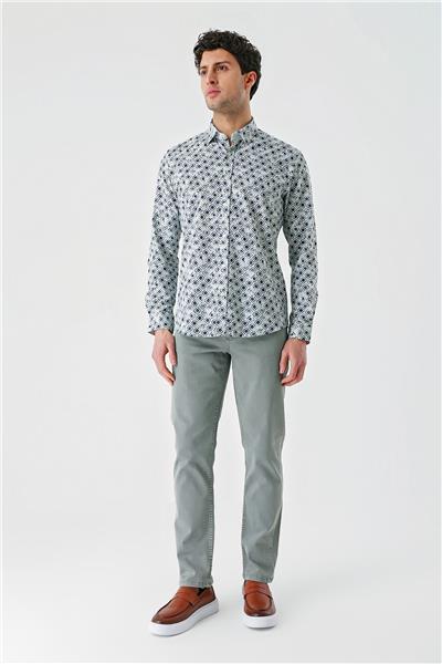 Su Yeşili Uzun Kollu Baskılı Garnili Pamuklu Casual Slim Fit Dar Kesim Gömlek 1004240211
