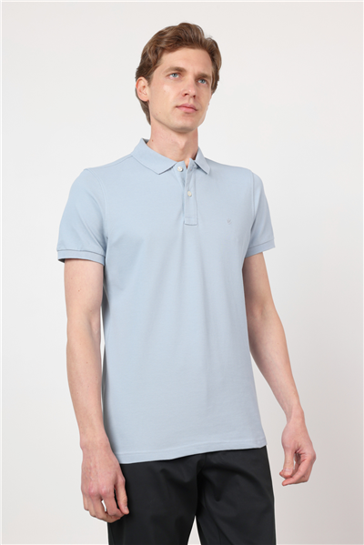 Su Yeşili Polo Yaka Kısa Kol Cepsiz Slim Fit Pamuklu Tişört 1011260154