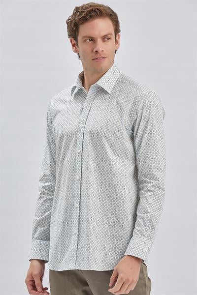 Su Yeşili Uzun Kollu Baskılı  Sert Yaka Cepli Klasik Comfort Fit Gömlek 1004240107