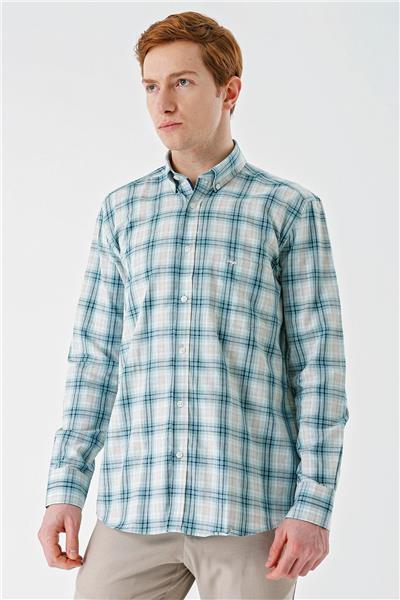 Su Yeşili Uzun Kollu Ekoseli Cepli Garnili Pamuklu Klasik Comfort Fit Rahat Kesim Gömlek 1004240194