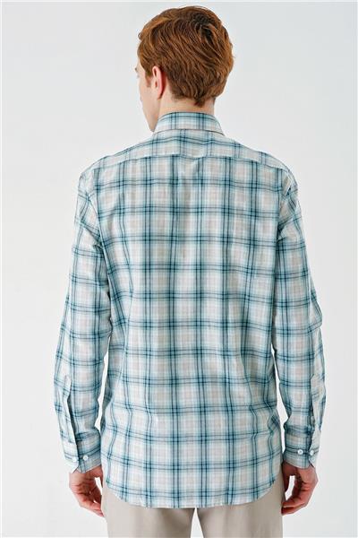 Su Yeşili Uzun Kollu Ekoseli Cepli Garnili Pamuklu Klasik Comfort Fit Rahat Kesim Gömlek 1004240194