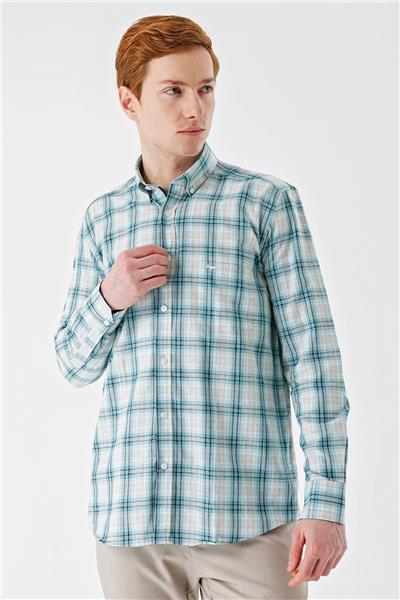 Su Yeşili Uzun Kollu Ekoseli Cepli Garnili Pamuklu Klasik Comfort Fit Rahat Kesim Gömlek 1004240194
