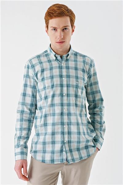 Su Yeşili Uzun Kollu Ekoseli Cepli Garnili Pamuklu Klasik Comfort Fit Rahat Kesim Gömlek 1004240194