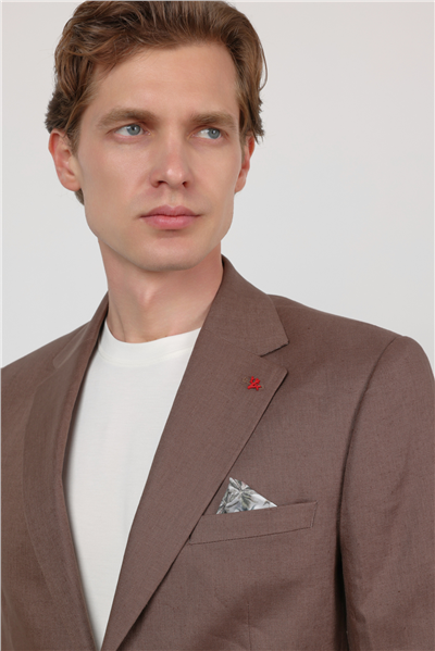 Sütlü Kahverengi Düz Desen Keten Mono Yaka 6 Drop Slim Fit %100 Keten Takım Elbise 1001260164
