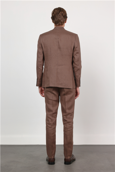 Sütlü Kahverengi Düz Desen Keten Mono Yaka 6 Drop Slim Fit %100 Keten Takım Elbise 1001260164