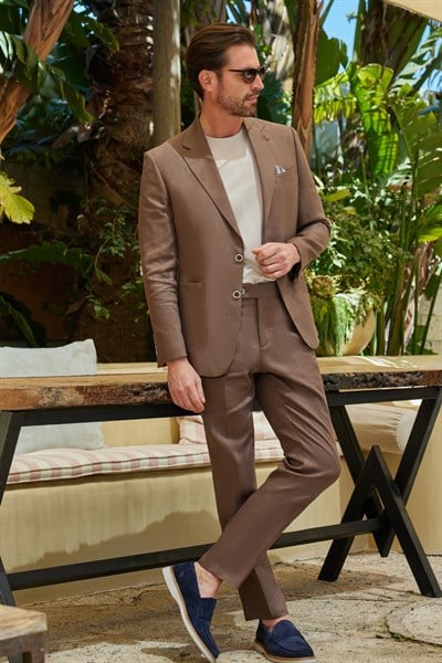 Düz Desen Keten Mono Yaka 6 Drop Slim Fit %100 Keten Takım Elbise 1001260164