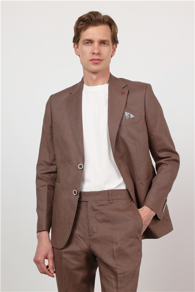 Sütlü Kahverengi Düz Desen Keten Mono Yaka 6 Drop Slim Fit %100 Keten Takım Elbise 1001260164