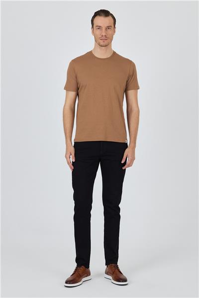 Sütlü Kahverengi Kısa Kol Bisiklet Yaka Cepsiz Pamuk Casual Slim Fit Tişört 1011250158