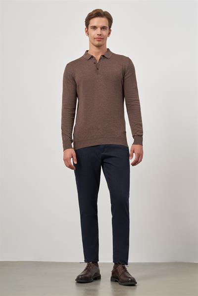 Sütlü Kahverengi Uzun Kol Düz Örme Polo Yaka Classic Comfort Fit Triko 1012245007