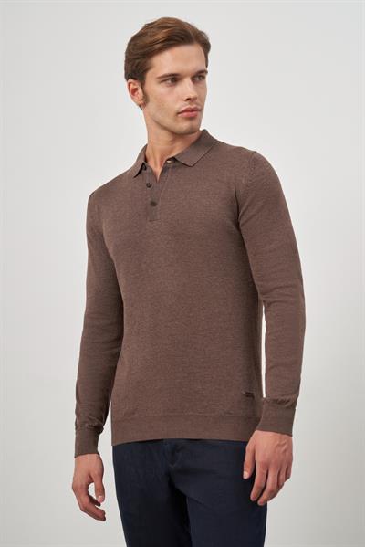 Sütlü Kahverengi Uzun Kol Düz Örme Polo Yaka Classic Comfort Fit Triko 1012245007