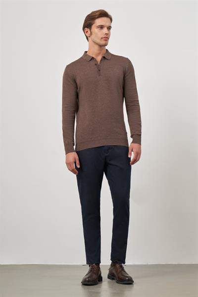 Sütlü Kahverengi Uzun Kol Düz Örme Polo Yaka Classic Comfort Fit Triko 1012245007