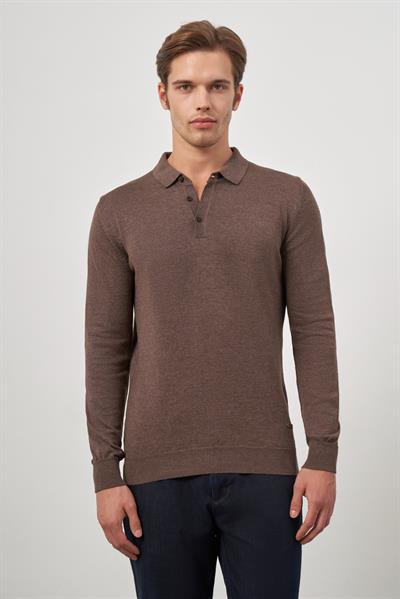 Sütlü Kahverengi Uzun Kol Düz Örme Polo Yaka Classic Comfort Fit Triko 1012245007