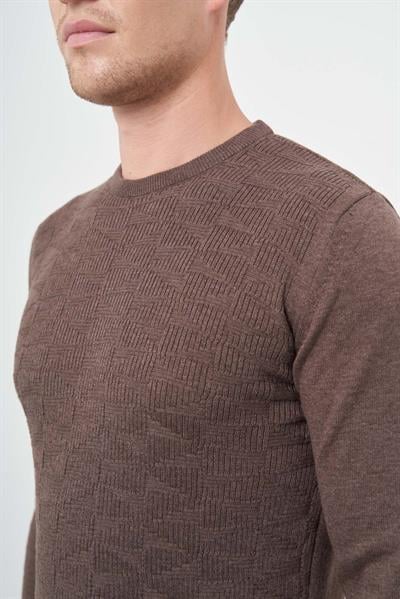 Sütlü Kahverengi Uzun Kol Kendinden Desenli Örme Bisiklet Yaka Classic Slim Fit Triko 1012245200