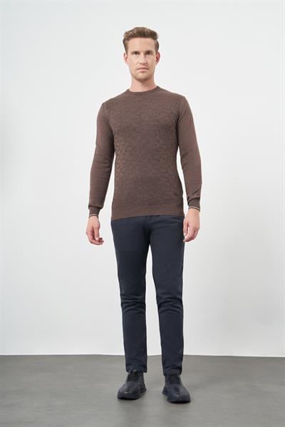 Sütlü Kahverengi Uzun Kol Kendinden Desenli Örme Bisiklet Yaka Classic Slim Fit Triko 1012245200