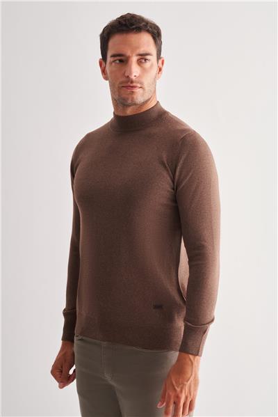 Sütlü Kahverengi Yarım Balıkçı Yaka Cepsiz Comfort Fit Classic Yünlü Triko Kazak 1012255001