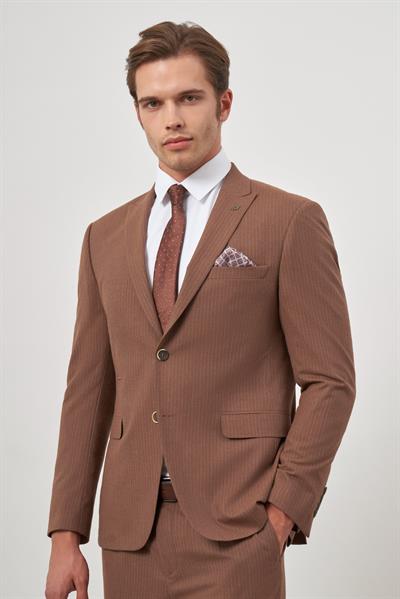 Taba Çizgili Mono Yaka Astarlı 6 Drop Slim Fit Dar Kesim Takım Elbise 1001245106