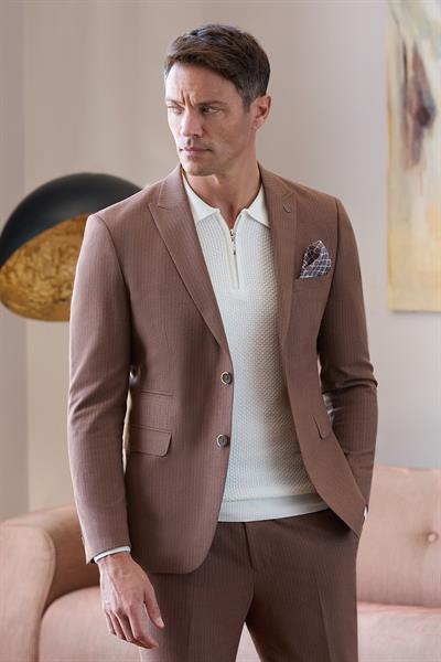 Taba Çizgili Mono Yaka Astarlı 6 Drop Slim Fit Dar Kesim Takım Elbise 1001245106