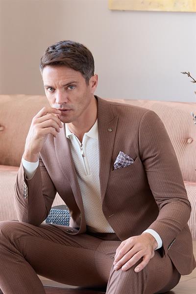 Taba Çizgili Mono Yaka Astarlı 6 Drop Slim Fit Dar Kesim Takım Elbise 1001245106