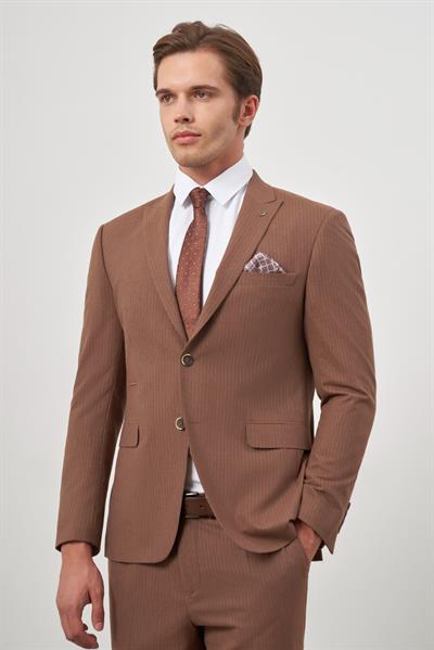 Taba Çizgili Mono Yaka Astarlı 6 Drop Slim Fit Dar Kesim Takım Elbise 1001245106