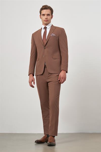 Taba Çizgili Mono Yaka Astarlı 6 Drop Slim Fit Dar Kesim Takım Elbise 1001245106