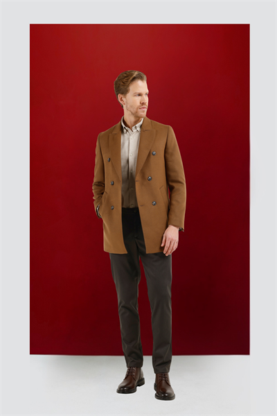 Taba Kılıç Yaka Classic Slim Fit Kruvaze Kaban 1008255102