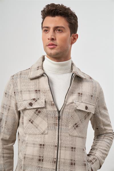 Taba Örme Bebe Yaka Kendinden Desenli Yırtmaçsız Astarsız Slim Fit Classic Mont 1007245157