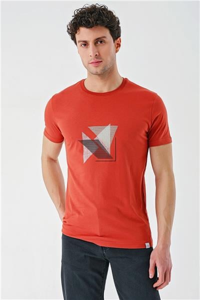 Tarçın Baskılı Bez Ayağı Bisiklet Yaka %100 Pamuk Casual Slim Fit Dar Kesim Tişört 1011240168