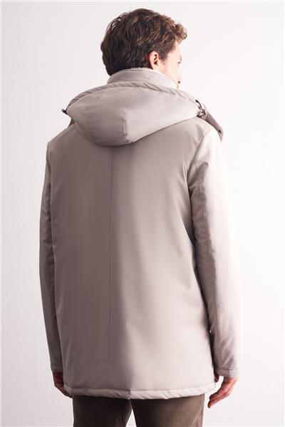 Taş Rengi Çıkma Kapşonlu Dik Yaka Yırtmaçsız Esnek Classic Kaban 1008255165