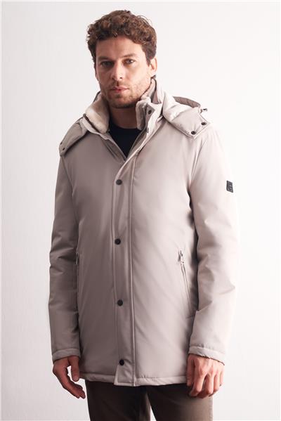 Taş Rengi Çıkma Kapşonlu Dik Yaka Yırtmaçsız Esnek Classic Kaban 1008255165