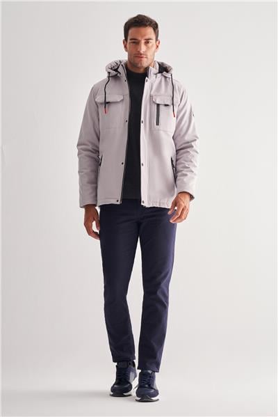 Taş Rengi Dik Yaka Çıkma Kapşonlu Slim Fit Casual Mont 1007255131