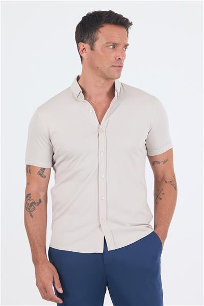 Taş italyan Düğmeli Yaka Kısa Kol Cepsiz Slim Fit Gömlek 1004250255