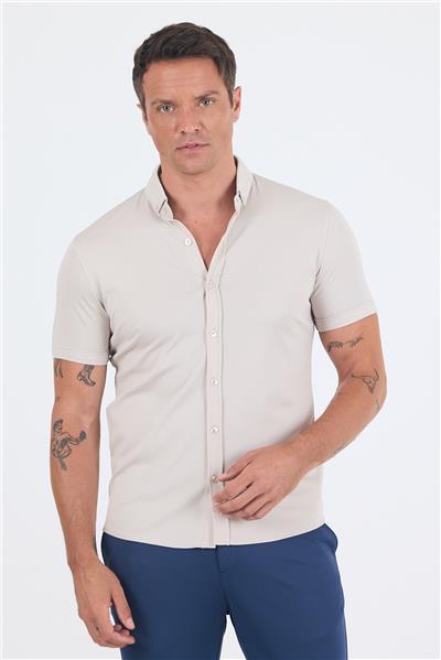 Taş italyan Düğmeli Yaka Kısa Kol Cepsiz Slim Fit Gömlek 1004250255