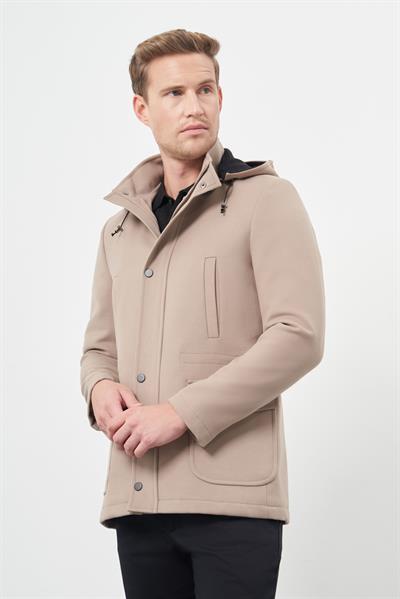 Taş Rengi Kaşe Dik Yaka Astarlı Slim Fit Dar Kesim Klasik Kaban 1008245272