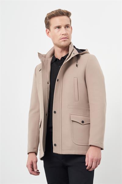 Taş Rengi Kaşe Dik Yaka Astarlı Slim Fit Dar Kesim Klasik Kaban 1008245272