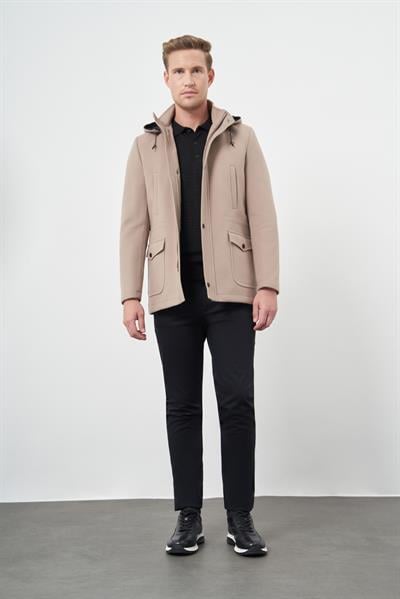 Taş Rengi Kaşe Dik Yaka Astarlı Slim Fit Dar Kesim Klasik Kaban 1008245272