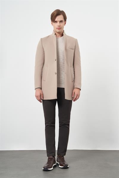 Taş Rengi Kaşe Dik Yaka Kapitoneli Astar Slim Fit Dar Kesim Klasik Kaban 1008245171