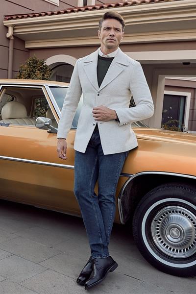 Taş Rengi Kaşe Kırlangıç Yaka Desenli Astarlı Slim Fit Dar Kesim Klasik Mont 1007245150