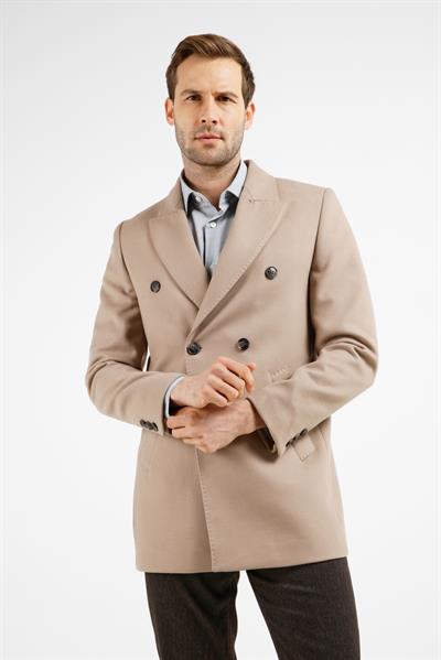 Taş Rengi Kılıç Yaka Classic Slim Fit Kruvaze Kaban 1008255102