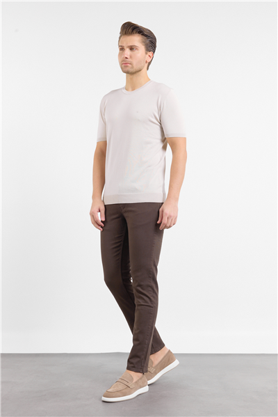 Taş Rengi Kısa Kol Bisiklet Yaka Cepsiz  Slim Fit  Tişört 1011250179