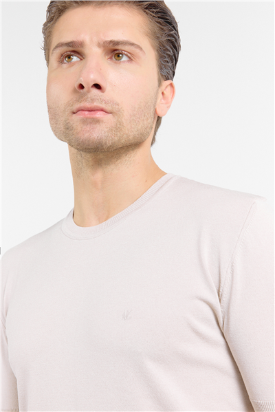 Taş Rengi Kısa Kol Bisiklet Yaka Cepsiz  Slim Fit  Tişört 1011250179