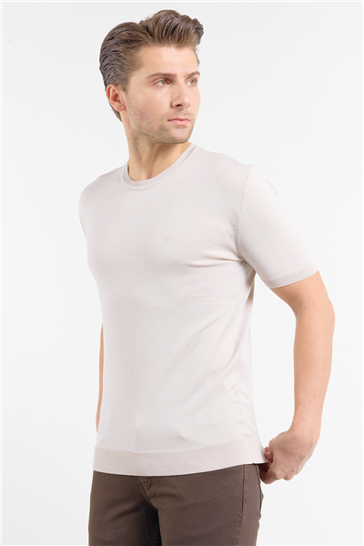 Taş Rengi Kısa Kol Bisiklet Yaka Cepsiz  Slim Fit  Tişört 1011250179