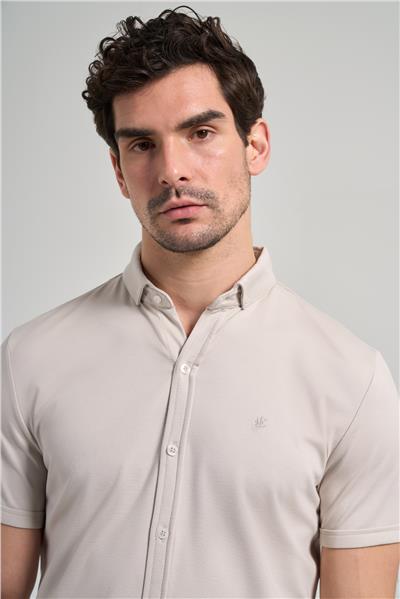 Taş Rengi Kısa Kol Düz Örme İtalyan Yaka Cepsiz Pamuklu Classic Slim Fit Gömlek 1004250156