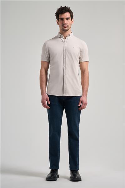 Taş Rengi Kısa Kol Düz Örme İtalyan Yaka Cepsiz Pamuklu Classic Slim Fit Gömlek 1004250156