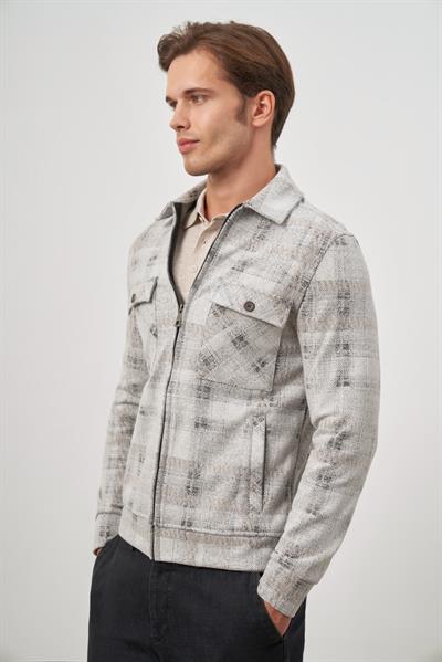 Taş Rengi Örme Bebe Yaka Kendinden Desenli Yırtmaçsız Astarsız Slim Fit Classic Mont 1007245157