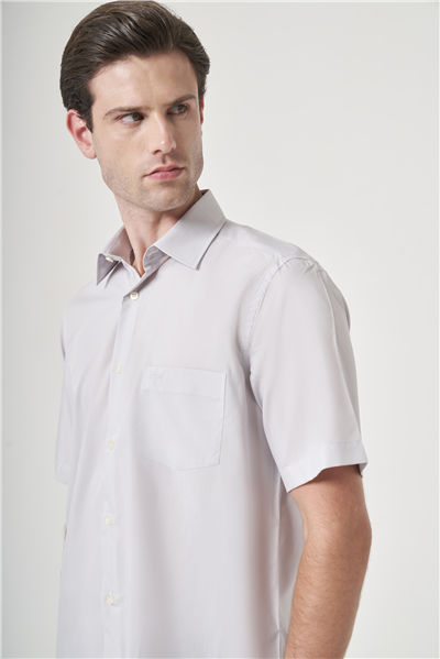 Taş Rengi Sert Yaka Kısa Kol Cepli Comfort Fit Pamuklu Gömlek 1004260258