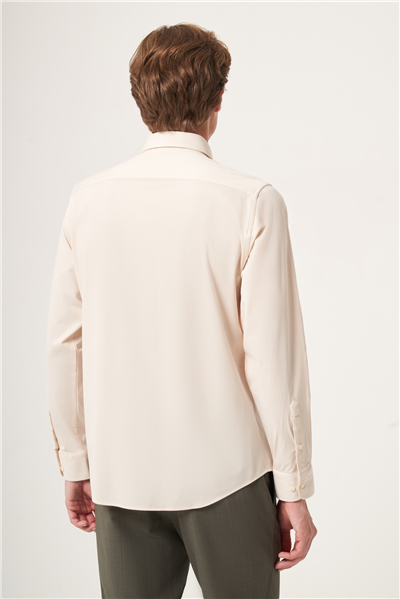 Taş Rengi Yumuşak Yaka Örme Performans Slim Fit Esnek Gömlek 1004265170